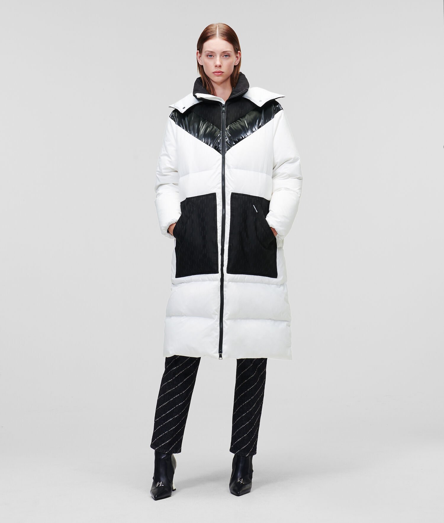 White / Black Women\'s Karl Lagerfeld Longline Hooded Down Coats | TH810PUAQ