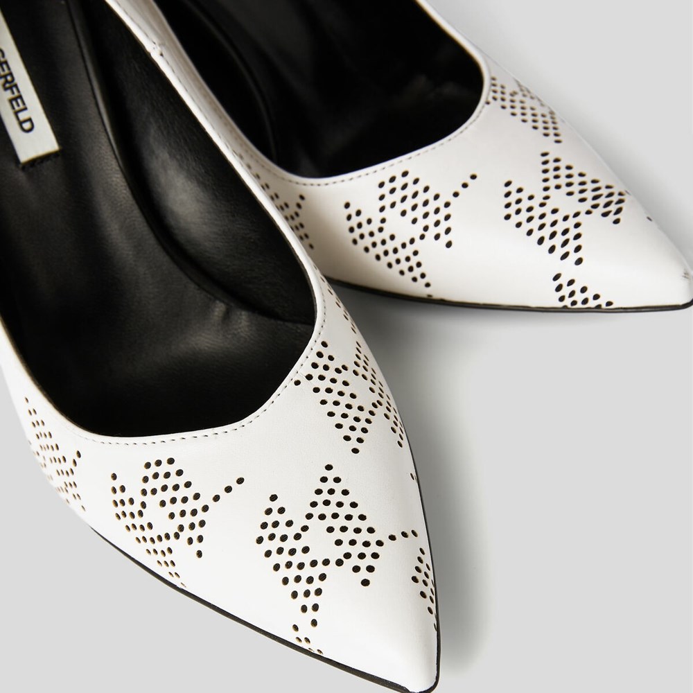 White / Black Women's Karl Lagerfeld Panache Perforated Court Shoes High Heels | TH186HBYJ