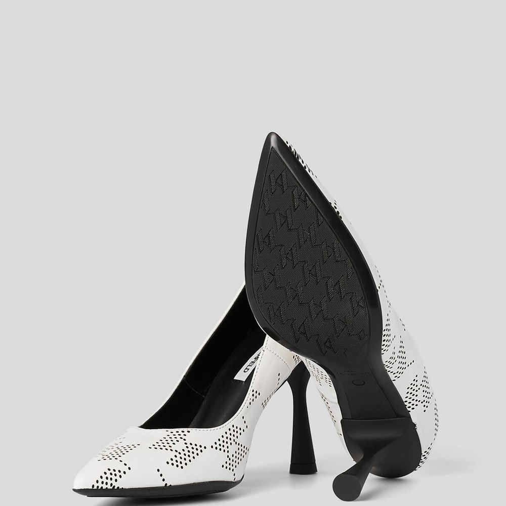 White / Black Women's Karl Lagerfeld Panache Perforated Court Shoes High Heels | TH186HBYJ