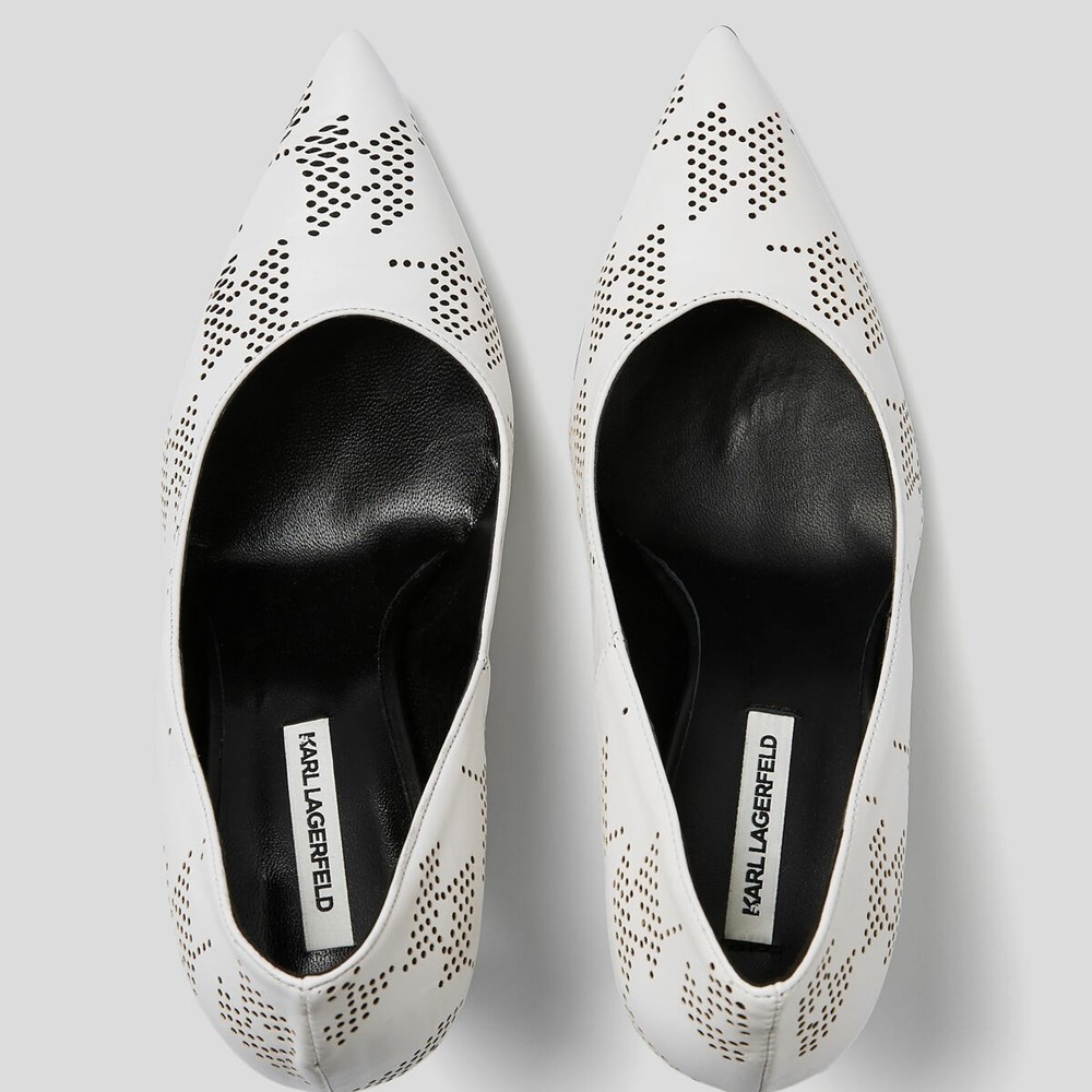 White / Black Women's Karl Lagerfeld Panache Perforated Court Shoes High Heels | TH186HBYJ