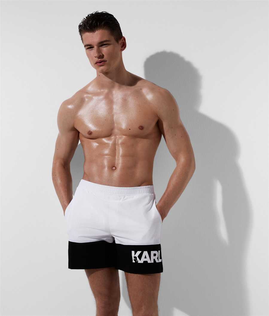 White Men's Karl Lagerfeld Color-block Board Shorts Beachwear | TH489HKFY