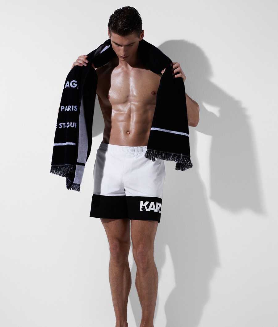 White Men's Karl Lagerfeld Color-block Board Shorts Beachwear | TH489HKFY