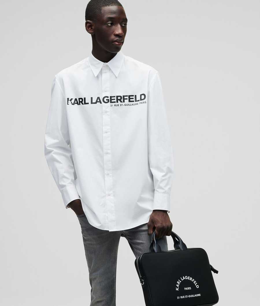 White Men's Karl Lagerfeld Karl Logo Poplin Shirts | TH381LSTX