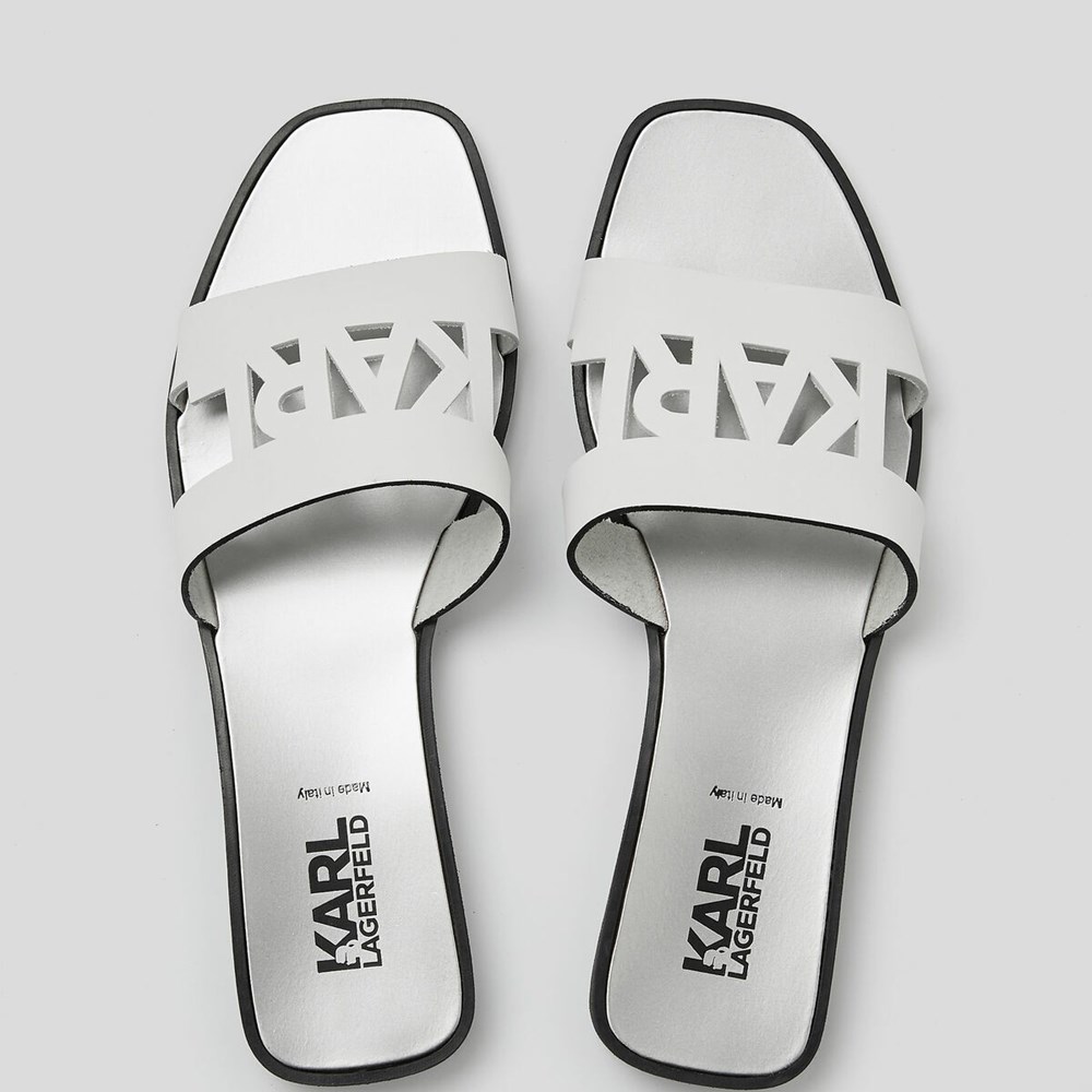 White / Silver Women's Karl Lagerfeld Skoot Ii Karl Kut-out Sandals & Flats | TH314DHQE