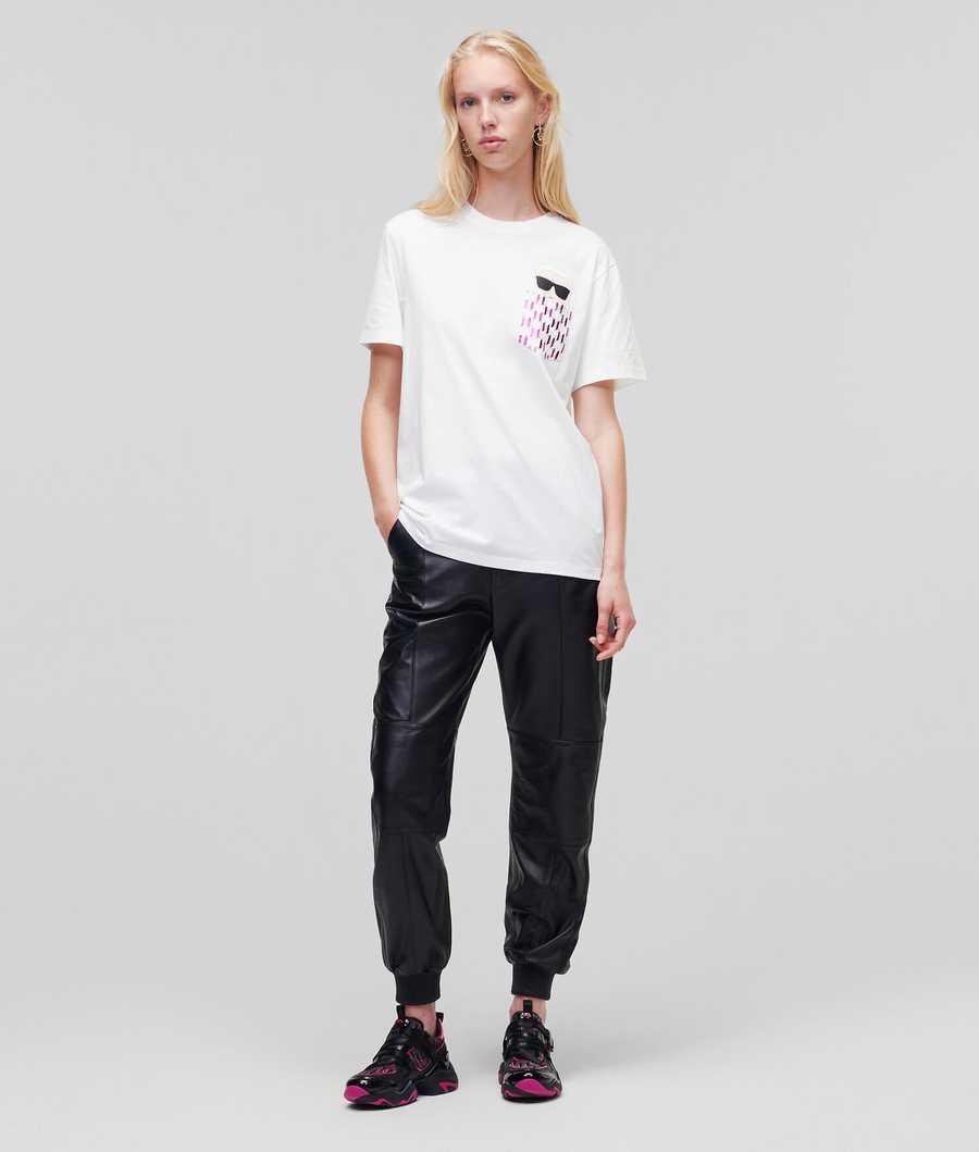 White Women's Karl Lagerfeld Ikonik Karl Metallic Monogram Pocket T-Shirts | TH074XGSA