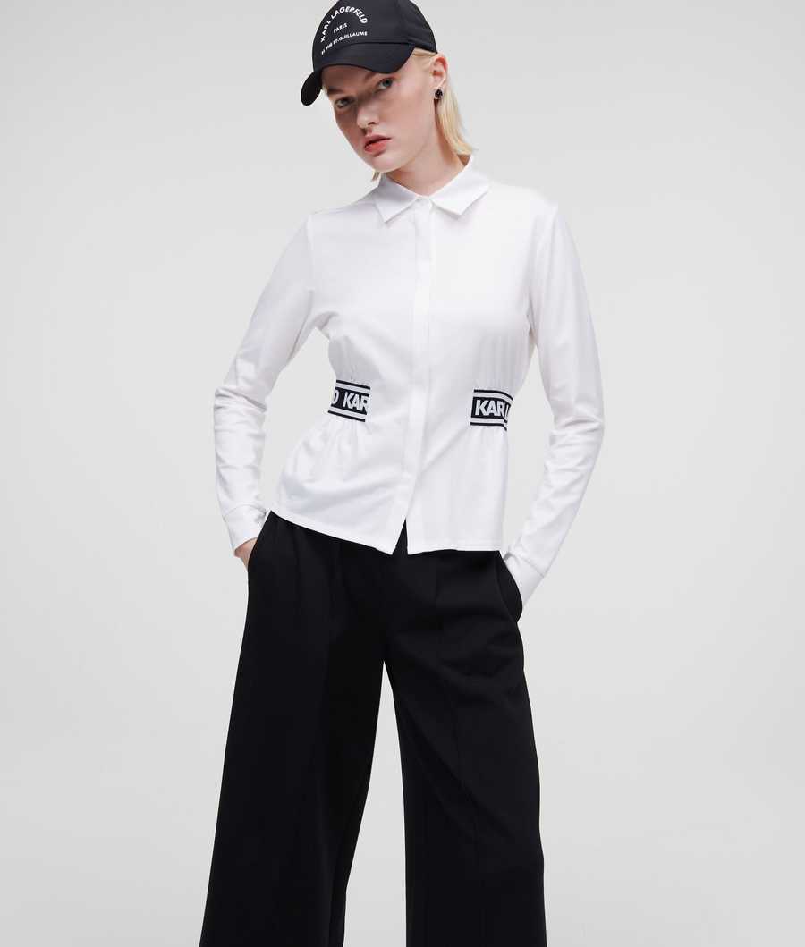 White Women\'s Karl Lagerfeld Karl Logo Tape Blouses | TH867ASWX