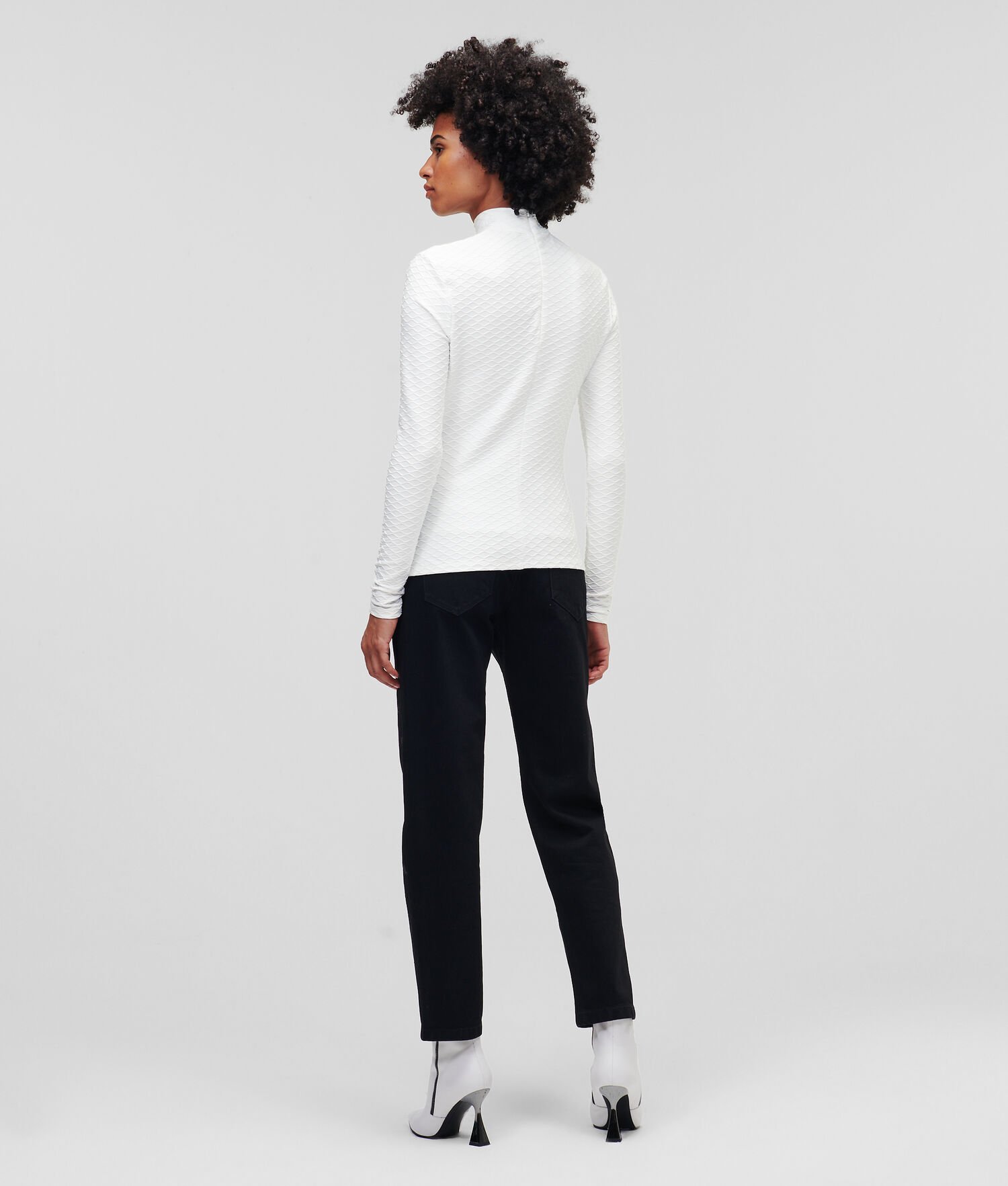 White Women's Karl Lagerfeld Long-sleeved Textured Mock Neck Sweater T-Shirts | TH837SGQN