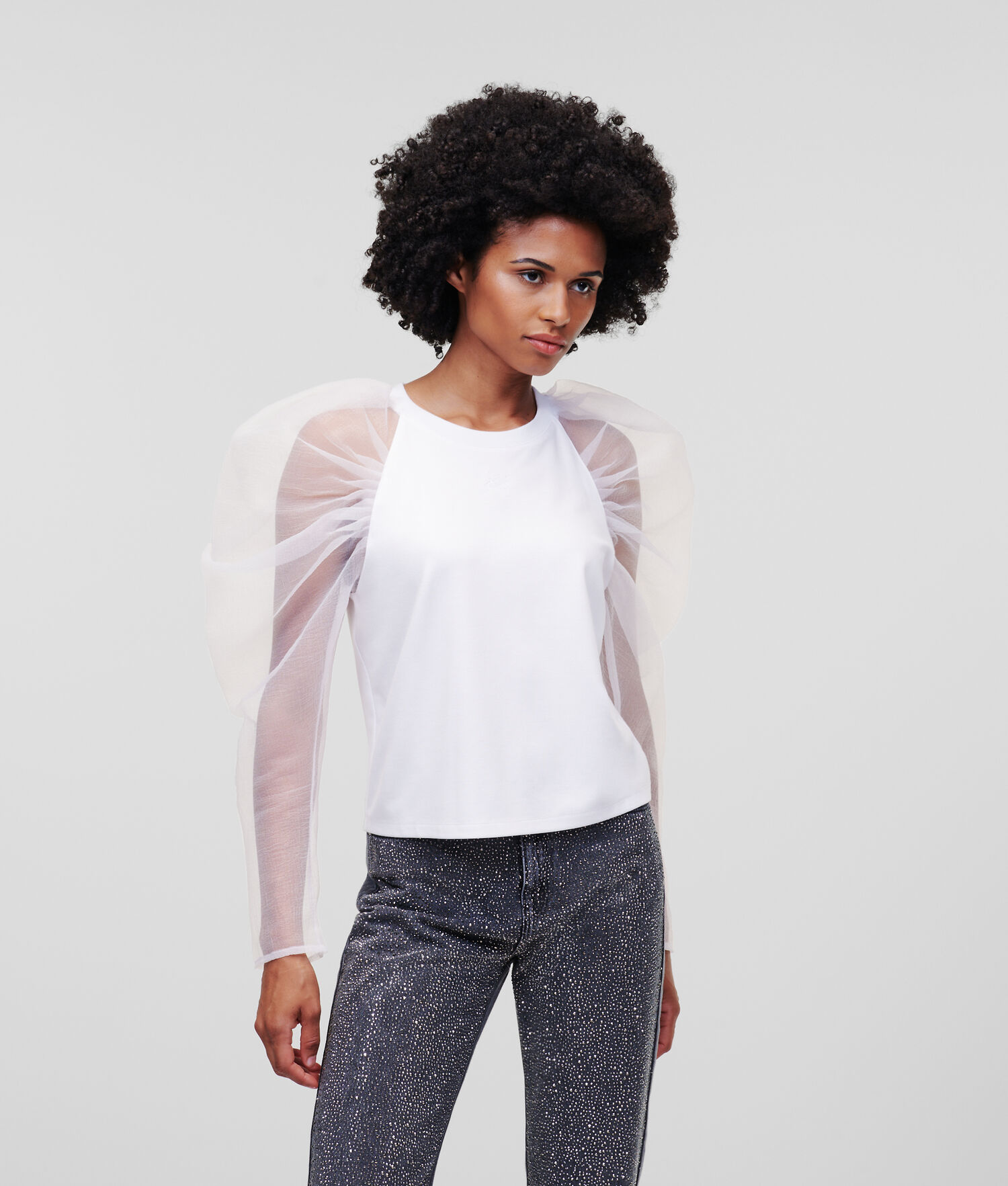 White Women's Karl Lagerfeld Organza Sleeve Top Handpicked T-Shirts | TH940JEGQ