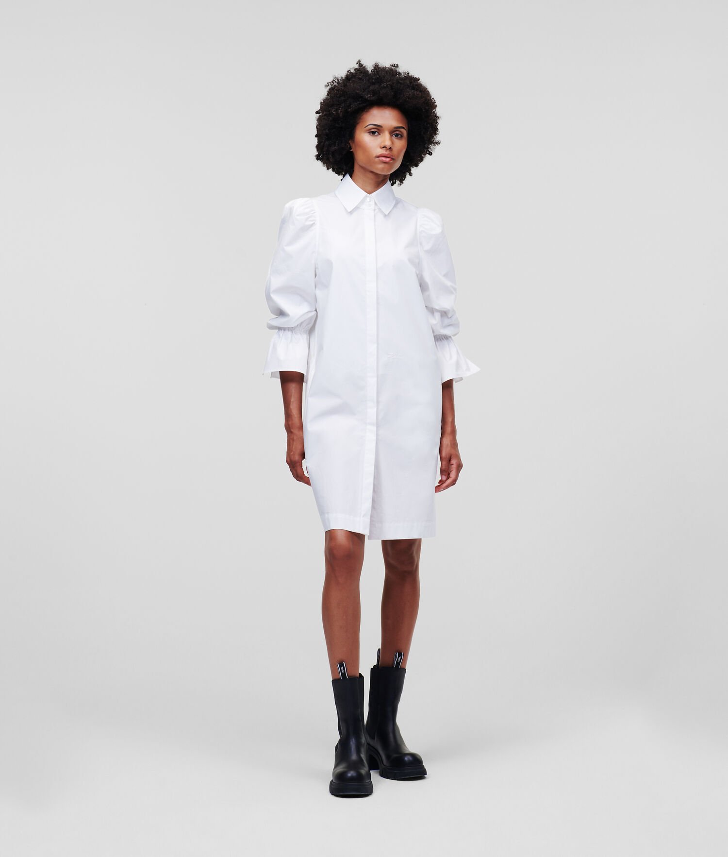 White Women\'s Karl Lagerfeld Puff-sleeve Poplin Dresses | TH796CRIW