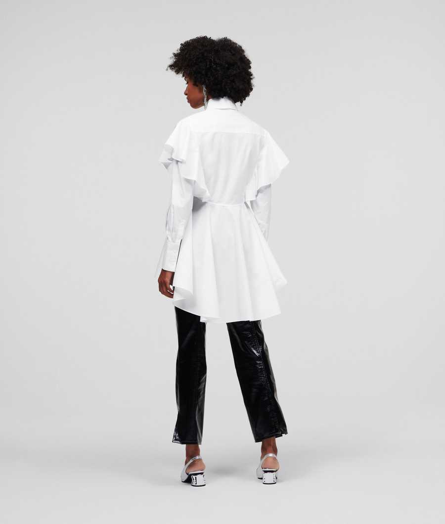 White Women's Karl Lagerfeld Ruffle Detail Poplin Blouses | TH430QKHP