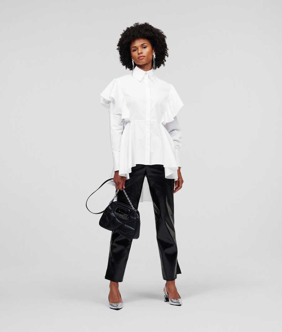 White Women's Karl Lagerfeld Ruffle Detail Poplin Blouses | TH430QKHP